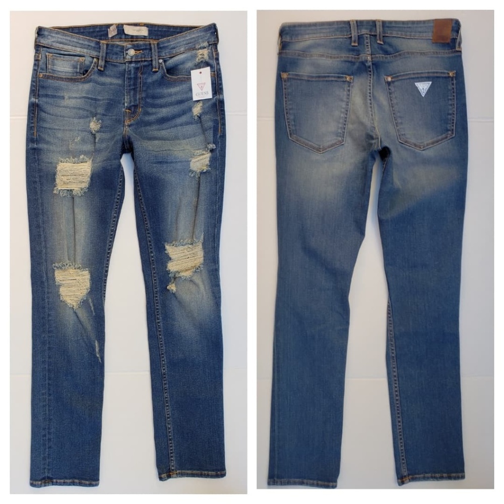 New Men's sz 32 GUESS Slim Tapered Destroyed Jeans - Picture 2 of 7